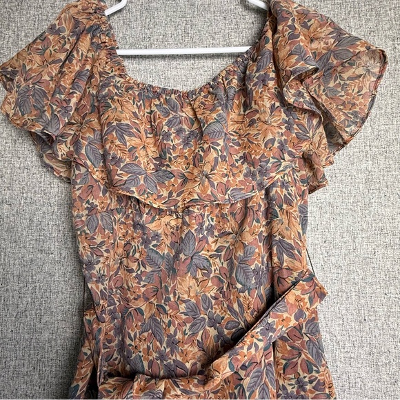 Vintage 70s Samuel Blue Floral Brown Blue Ruffle Midi Dress Small Cottagecore - Picture 1 of 10